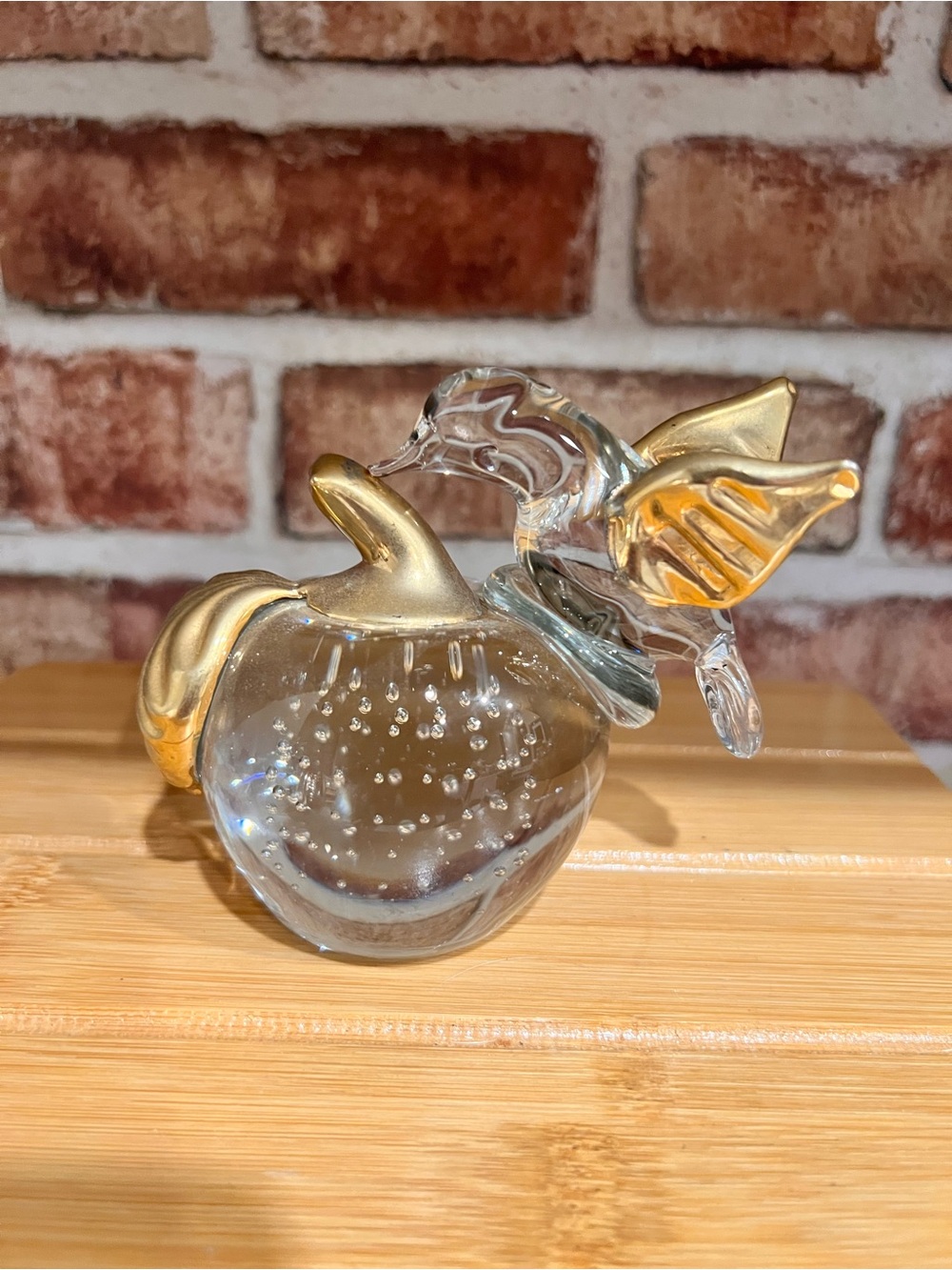 Crystal Glass Hummingbird & Apple Figurine with Gold Accents